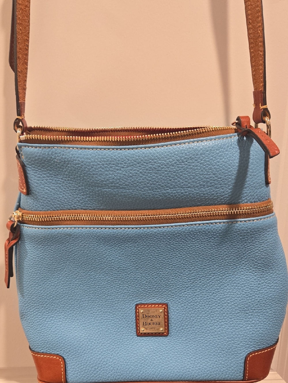 Dooney & Bourke Light Blue Pebble Leather Crossbody with Tan Trim